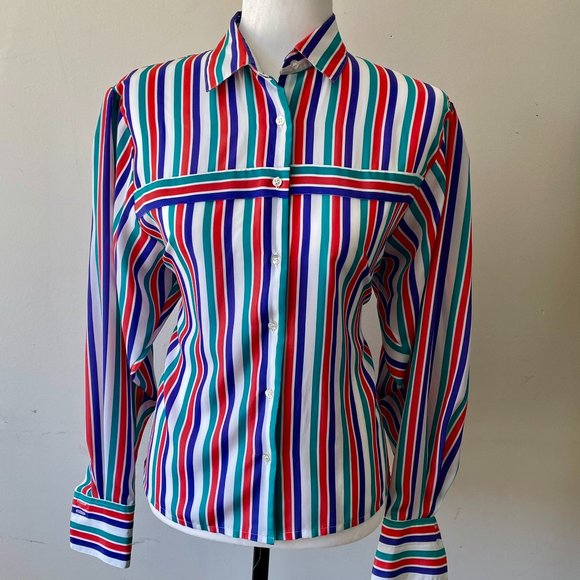 Vintage Ladies Jaeger Red Green Blue Striped Top Blouse Size Medium - Picture 1 of 1
